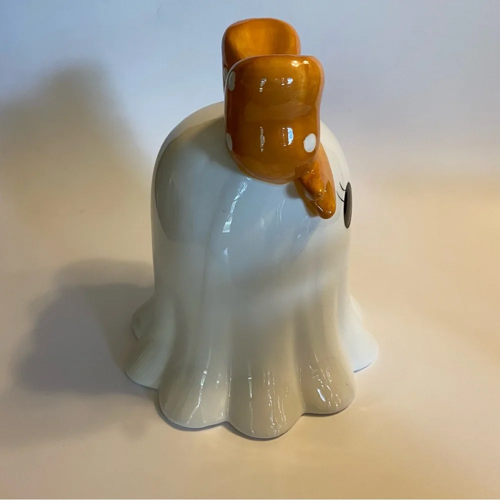 Cute Ceramic Kawaii Ghost Figurine with Orange Polka Dot Bow Halloween Decor New